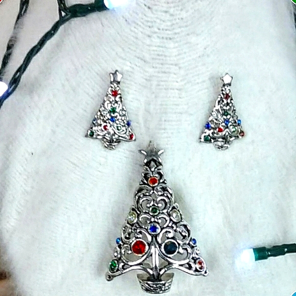 Vintage Christmas Tree Convertible Necklace or Brooch & Matching Earrings - Picture 4 of 8